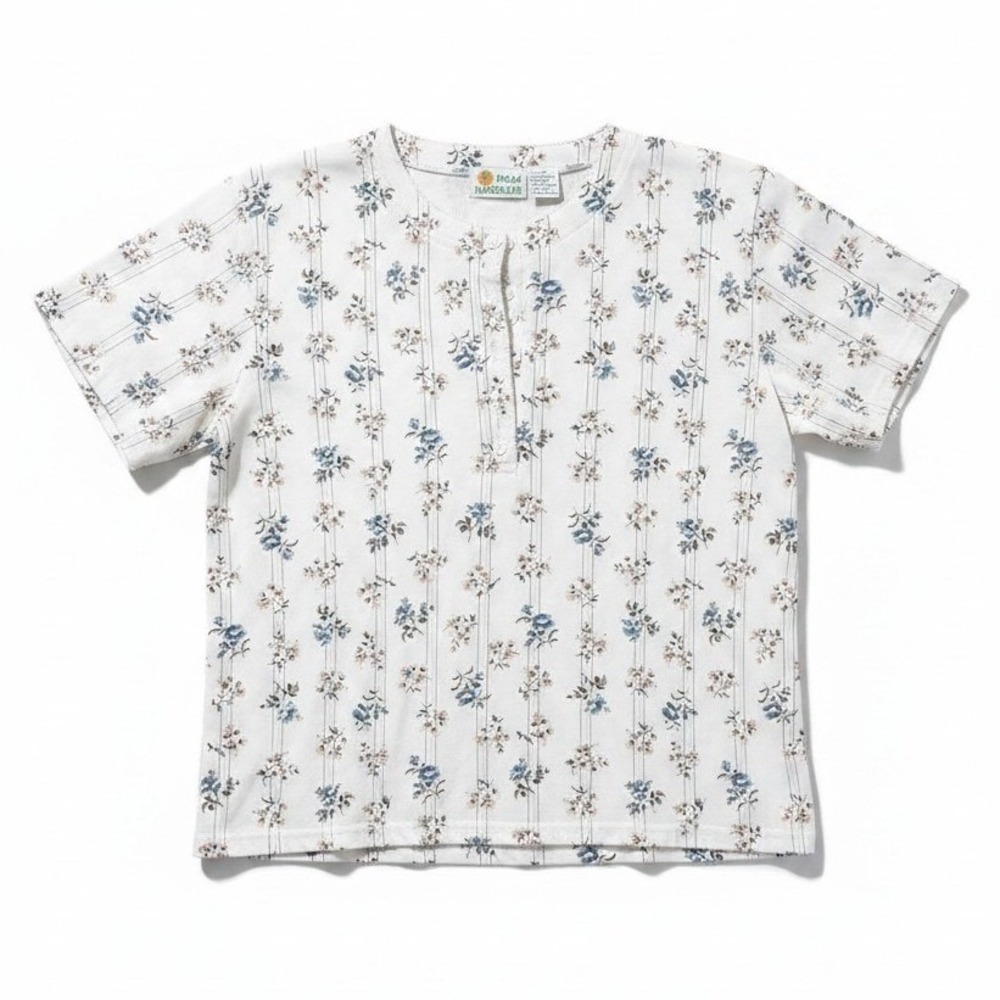 Palm Harbour Floral Stripe‎ Henley Top, White Blue Short Sleeve, Women's Medium